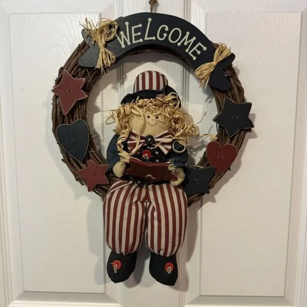 4th of July Patriotic Wreath for Front Door Red White Blue Vintage hanging